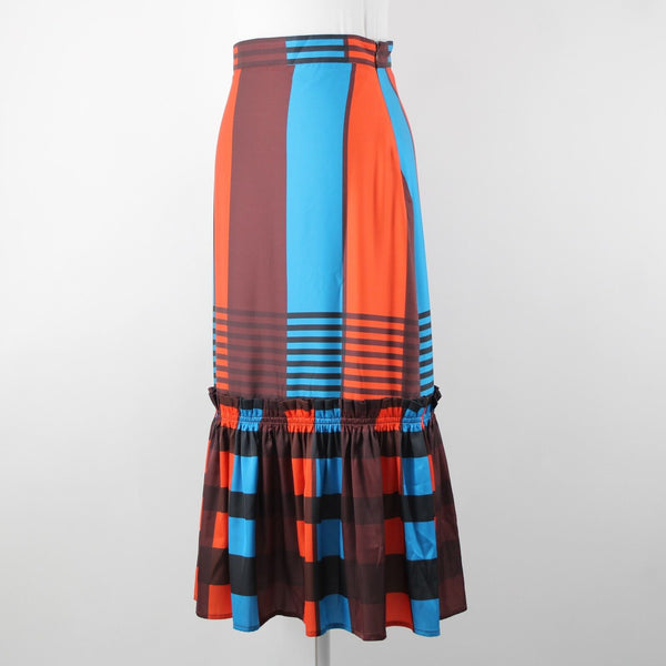 Eva Franco NEW Anthropologie $140 Sz 6 Brown Orange Blue Lined Ruffle Poly Skirt