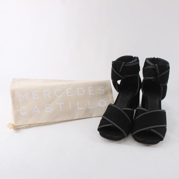 Mercedes Castillo Heels Sz 9.5 Black White Open Toe Kidsuede Leather 2" Heels