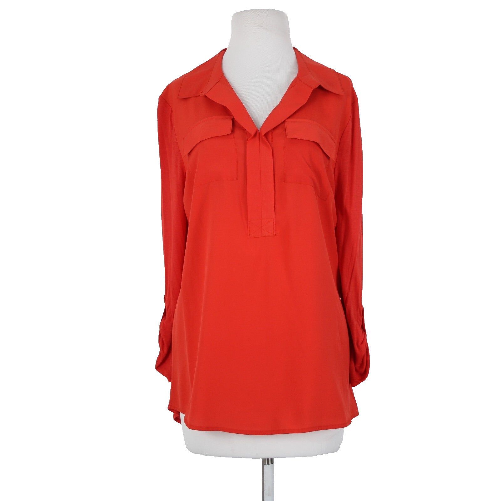 Kensie NEW $59 Sz L Tomato Red Collared Roll Tab Sleeve Viscose Polyester Top