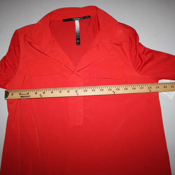 Kensie NEW $59 Sz L Tomato Red Collared Roll Tab Sleeve Viscose Polyester Top