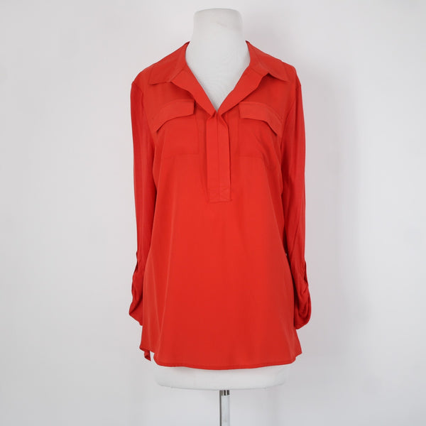 Kensie NEW $59 Sz L Tomato Red Collared Roll Tab Sleeve Viscose Polyester Top