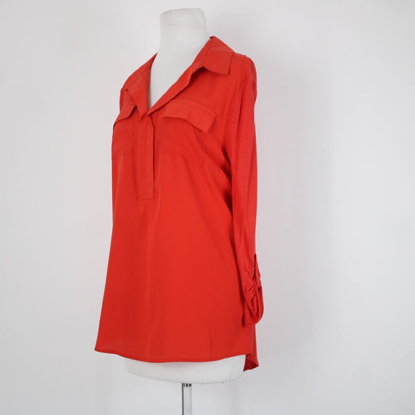 Kensie NEW $59 Sz L Tomato Red Collared Roll Tab Sleeve Viscose Polyester Top