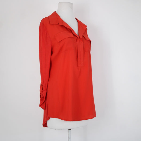 Kensie NEW $59 Sz L Tomato Red Collared Roll Tab Sleeve Viscose Polyester Top