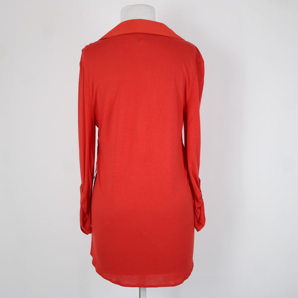 Kensie NEW $59 Sz L Tomato Red Collared Roll Tab Sleeve Viscose Polyester Top