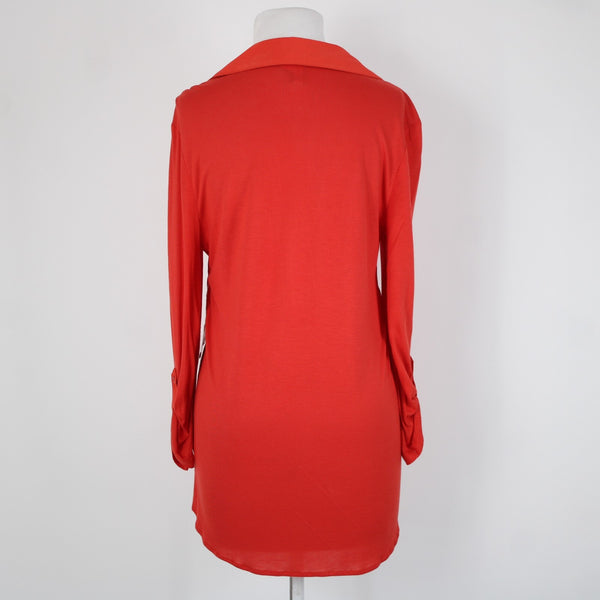 Kensie NEW $59 Sz L Tomato Red Collared Roll Tab Sleeve Viscose Polyester Top