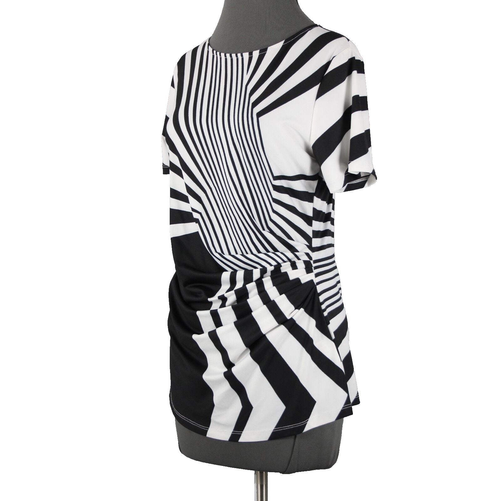 Tia Sz 8 White Black Abstract Pleated Short Sleeve Round Neck Poly Elasthan Top