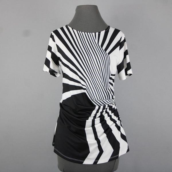 Tia Sz 8 White Black Abstract Pleated Short Sleeve Round Neck Poly Elasthan Top