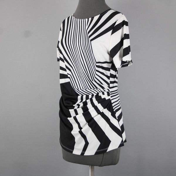 Tia Sz 8 White Black Abstract Pleated Short Sleeve Round Neck Poly Elasthan Top
