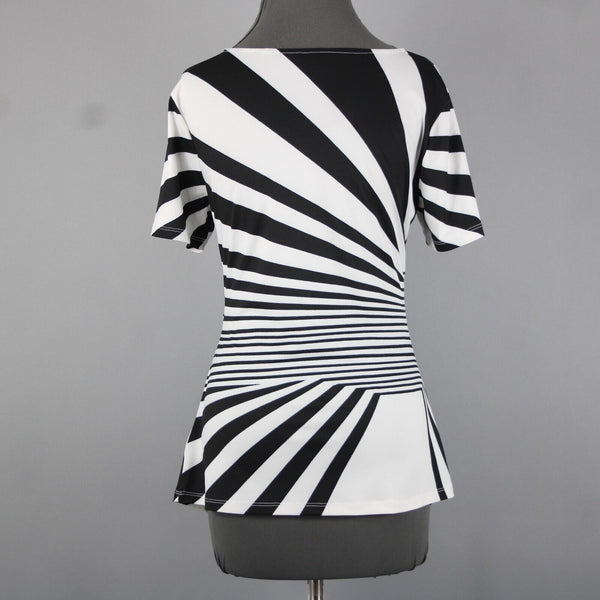 Tia Sz 8 White Black Abstract Pleated Short Sleeve Round Neck Poly Elasthan Top