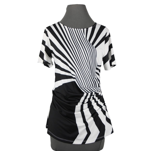 Tia Sz 8 White Black Abstract Pleated Short Sleeve Round Neck Poly Elasthan Top