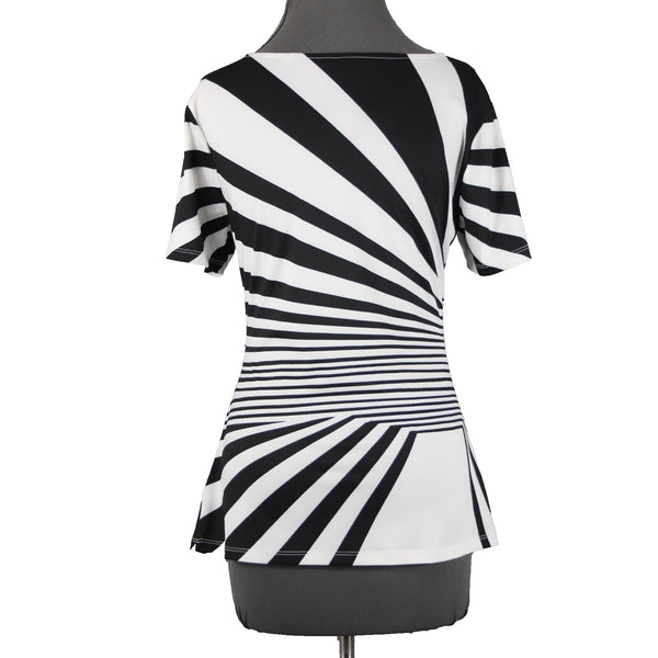 Tia Sz 8 White Black Abstract Pleated Short Sleeve Round Neck Poly Elasthan Top