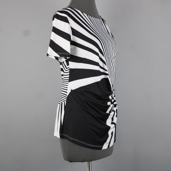 Tia Sz 8 White Black Abstract Pleated Short Sleeve Round Neck Poly Elasthan Top