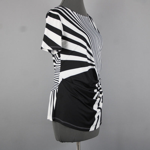 Tia Sz 8 White Black Abstract Pleated Short Sleeve Round Neck Poly Elasthan Top