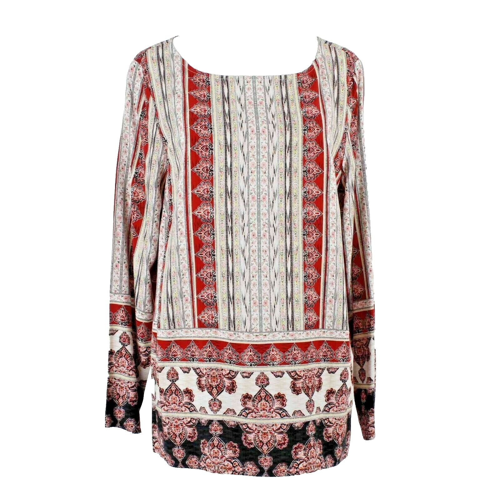 J Jill Sz M Red Black Ivory Multi East Indian Print 100% Rayon Tunic Top