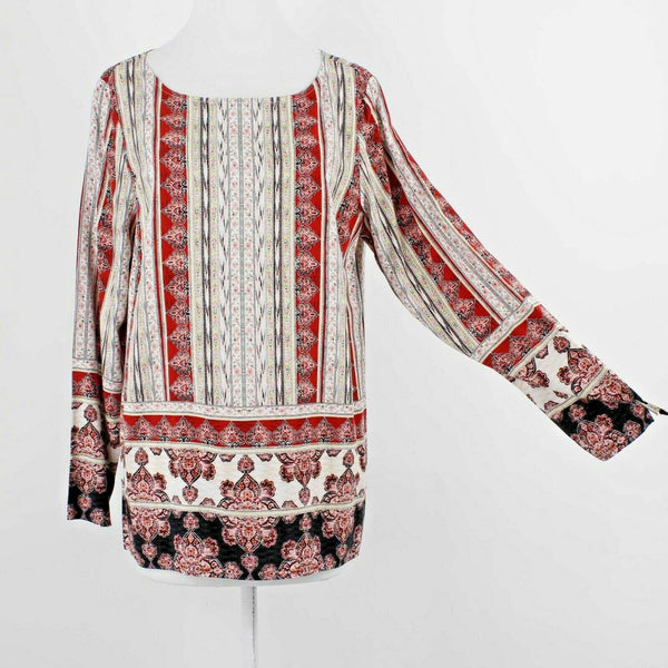 J Jill Sz M Red Black Ivory Multi East Indian Print 100% Rayon Tunic Top