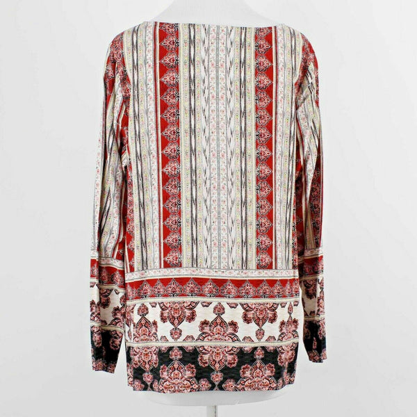 J Jill Sz M Red Black Ivory Multi East Indian Print 100% Rayon Tunic Top