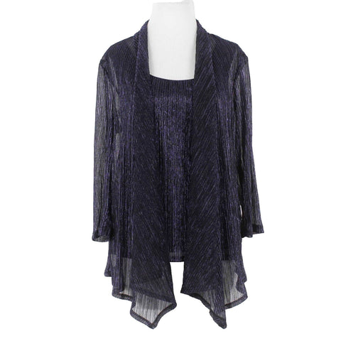 DB Sz M Navy Blue Multi Twofer Lined Tank Attached Sheer Wrap Poly Metallic Top