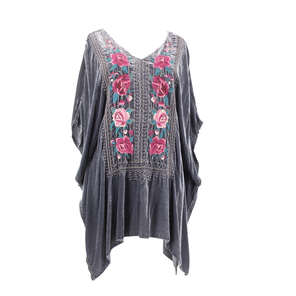 Johnny Was JWLA Top Sz M Gray Multi Color Velour Embroidered Rayon Silk Top