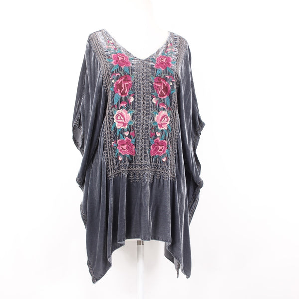 Johnny Was JWLA Top Sz M Gray Multi Color Velour Embroidered Rayon Silk Top