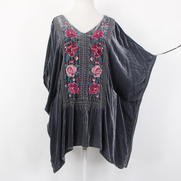 Johnny Was JWLA Top Sz M Gray Multi Color Velour Embroidered Rayon Silk Top