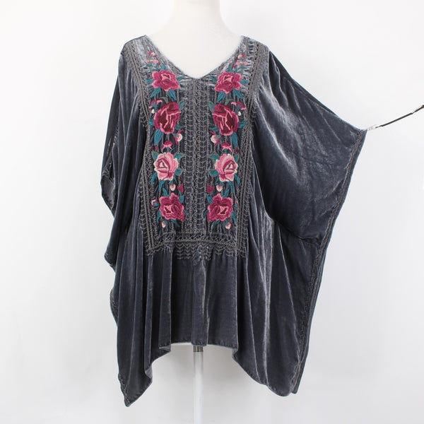 Johnny Was JWLA Top Sz M Gray Multi Color Velour Embroidered Rayon Silk Top