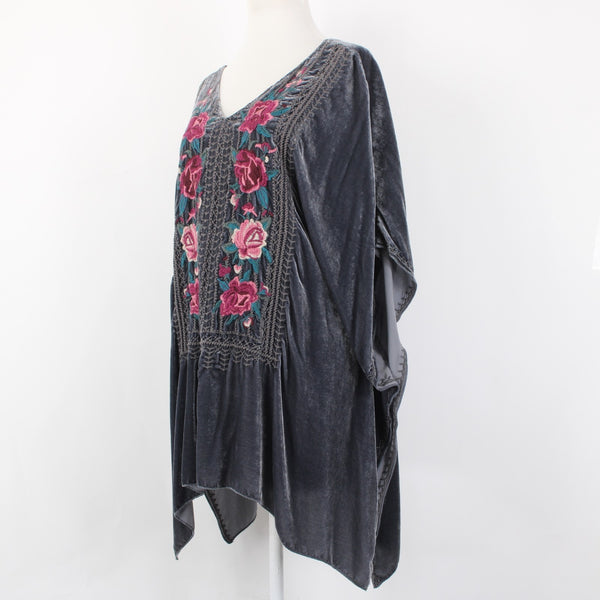 Johnny Was JWLA Top Sz M Gray Multi Color Velour Embroidered Rayon Silk Top