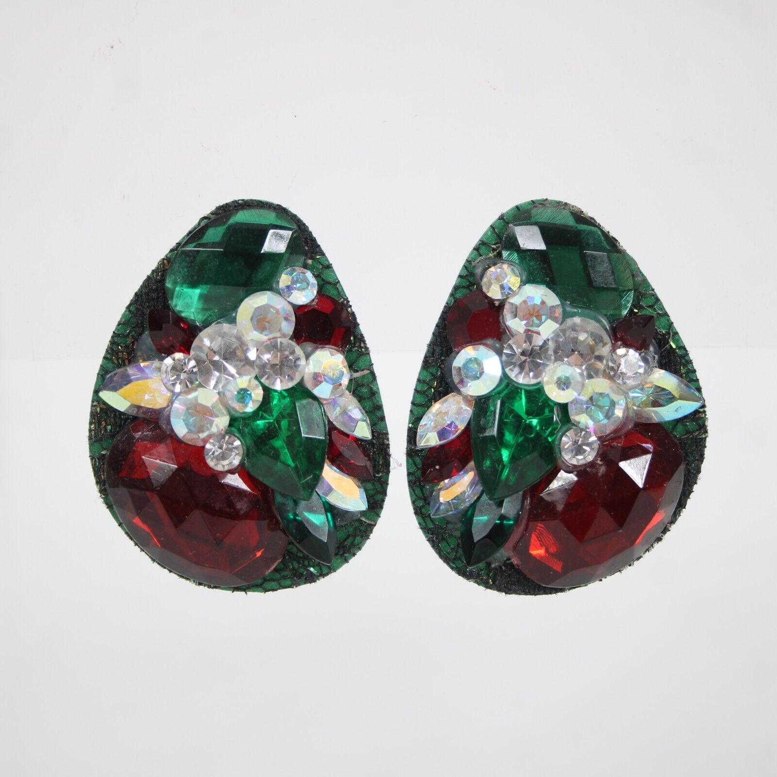 KS Designs Green Red White Rhinestone Vintage 2" Huggie Clip On Earrings