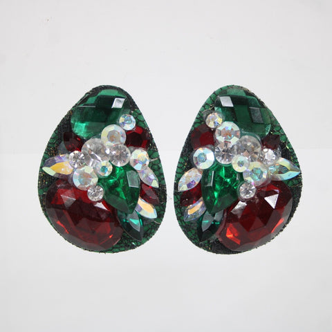KS Designs Green Red White Rhinestone Vintage 2" Huggie Clip On Earrings