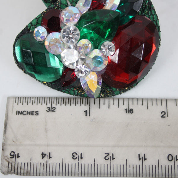 KS Designs Green Red White Rhinestone Vintage 2" Huggie Clip On Earrings