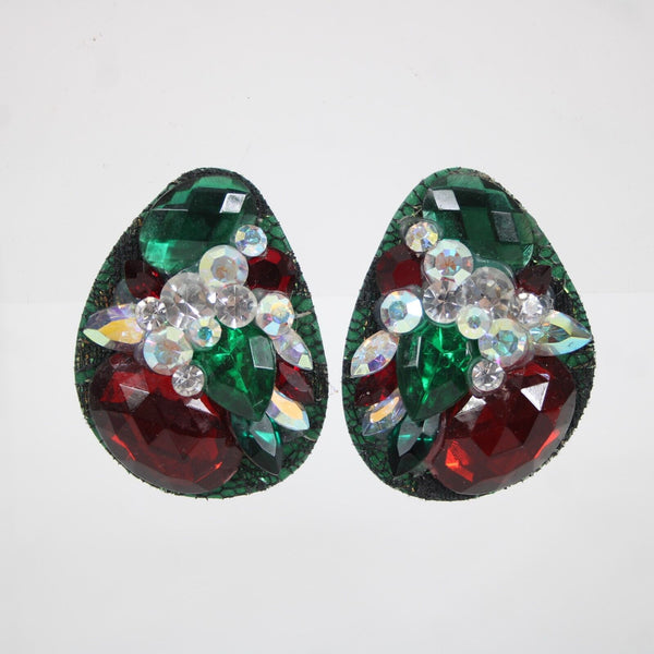 KS Designs Green Red White Rhinestone Vintage 2" Huggie Clip On Earrings