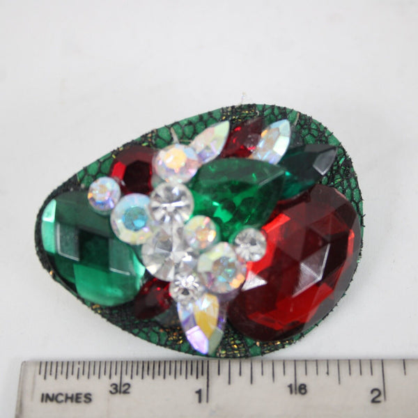 KS Designs Green Red White Rhinestone Vintage 2" Huggie Clip On Earrings