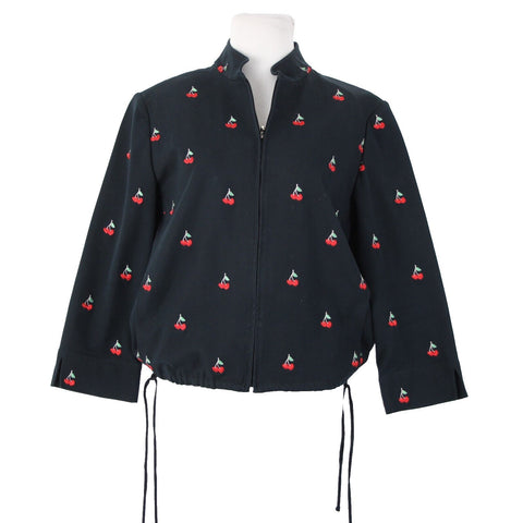 St John Navy Blue Red Cherries Zip Pockets Knit Cotton Spandex Jacket
