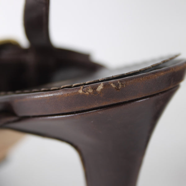 Manolo Blahnik Heels Sz 35.5 Teodo Calf Brown Brass Buckles Rhinestone Sandals