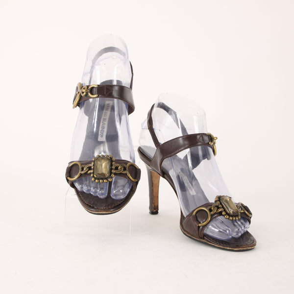 Manolo Blahnik Heels Sz 35.5 Teodo Calf Brown Brass Buckles Rhinestone Sandals
