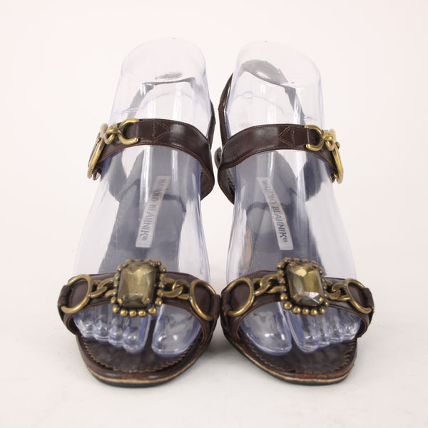 Manolo Blahnik Heels Sz 35.5 Teodo Calf Brown Brass Buckles Rhinestone Sandals