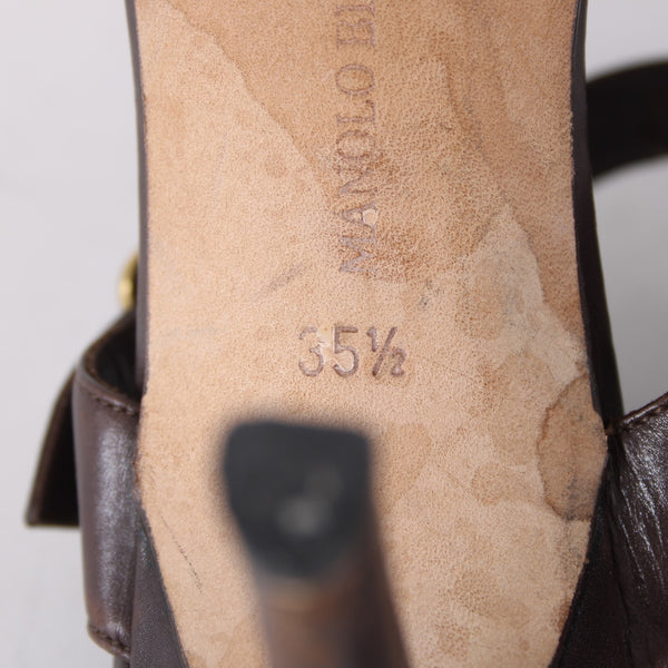 Manolo Blahnik Heels Sz 35.5 Teodo Calf Brown Brass Buckles Rhinestone Sandals