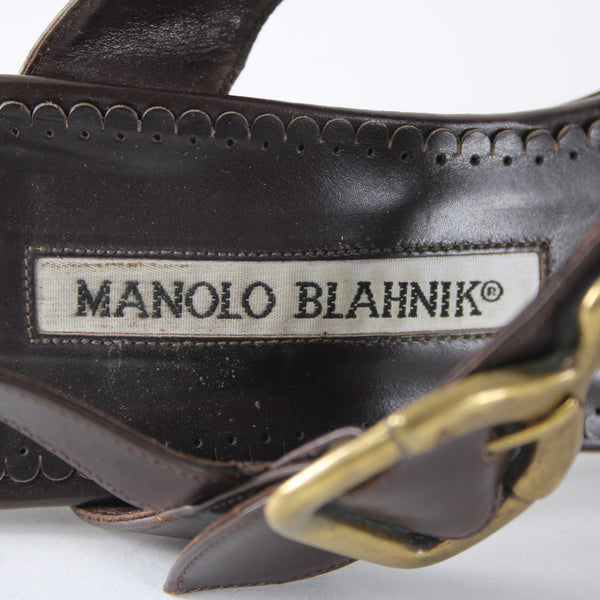 Manolo Blahnik Heels Sz 35.5 Teodo Calf Brown Brass Buckles Rhinestone Sandals