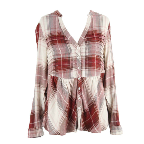 American Rag Cie Sz XS Ivory Burgundy Plaid Lace Shoulder Rayon Cotton Top