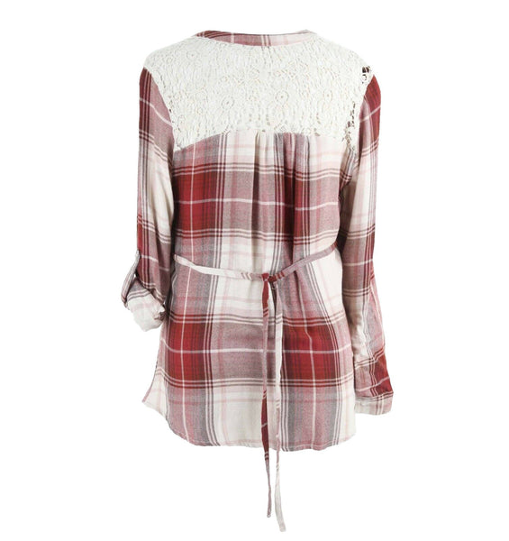 American Rag Cie Sz XS Ivory Burgundy Plaid Lace Shoulder Rayon Cotton Top