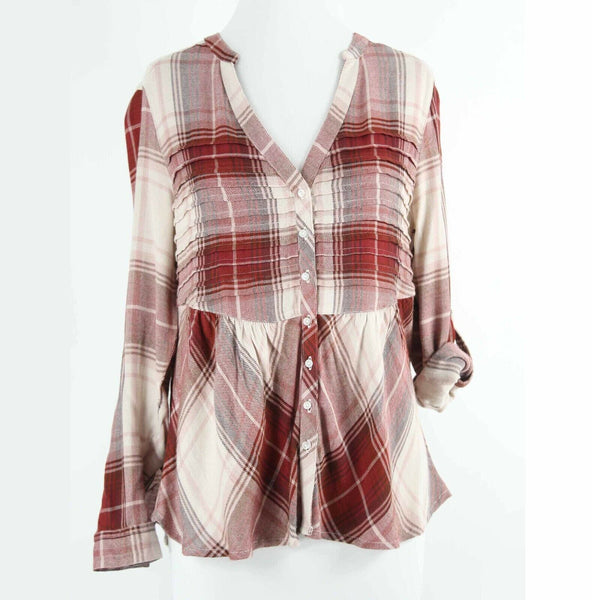 American Rag Cie Sz XS Ivory Burgundy Plaid Lace Shoulder Rayon Cotton Top