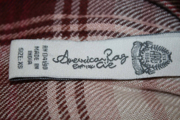 American Rag Cie Sz XS Ivory Burgundy Plaid Lace Shoulder Rayon Cotton Top