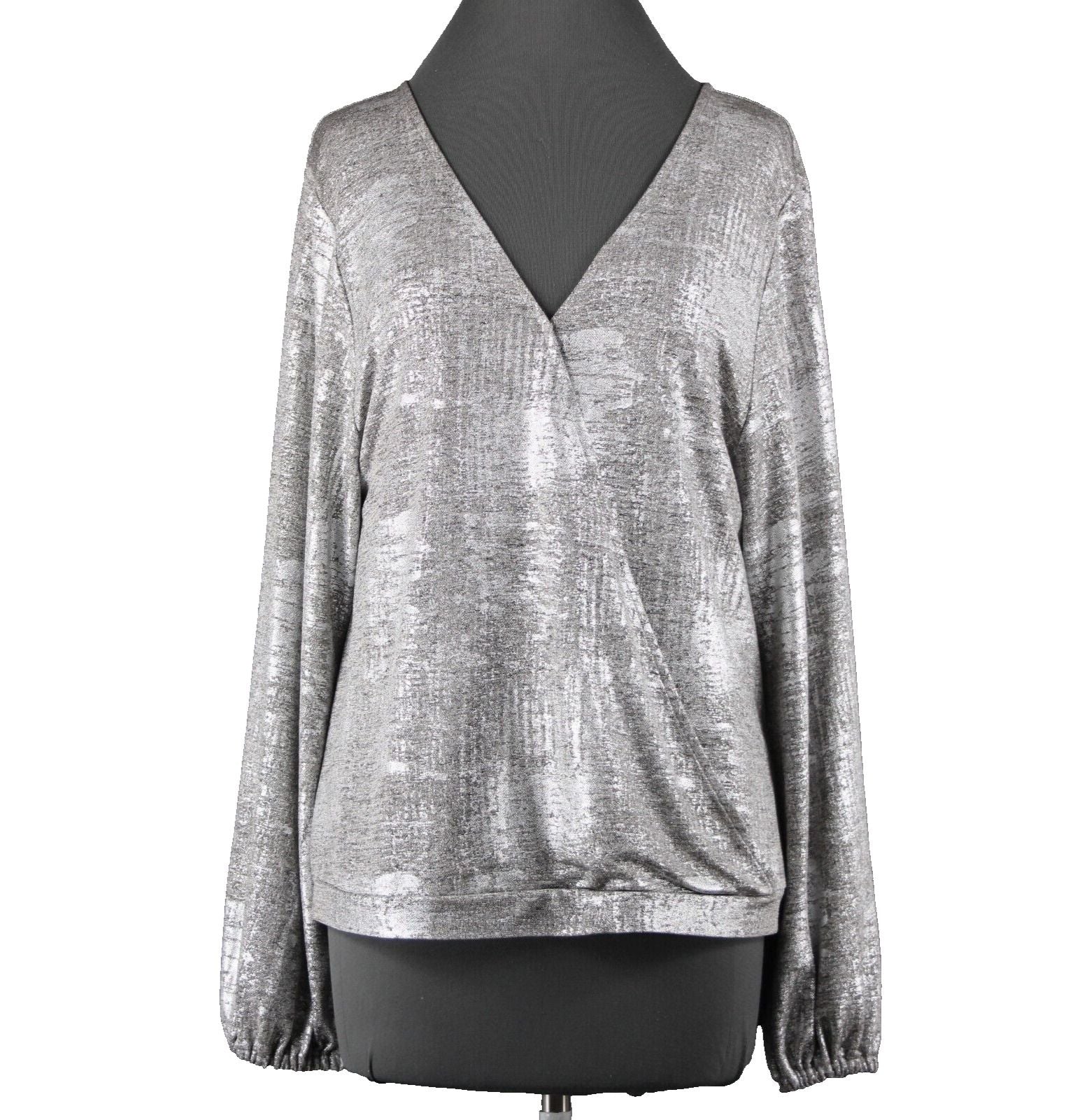 Anthropologie NEW $78 Sz L Silver Tan Metallic V Neck Polester Elastane Top
