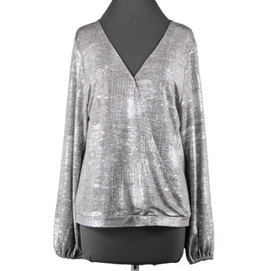 Anthropologie NEW $78 Sz L Silver Tan Metallic V Neck Polester Elastane Top