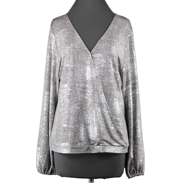 Anthropologie NEW $78 Sz L Silver Tan Metallic V Neck Polester Elastane Top