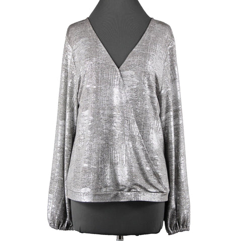 Anthropologie NEW $78 Sz L Silver Tan Metallic V Neck Polester Elastane Top