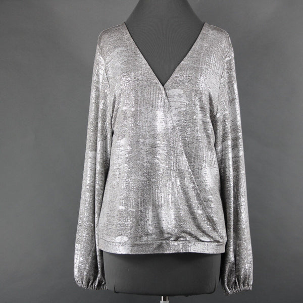 Anthropologie NEW $78 Sz L Silver Tan Metallic V Neck Polester Elastane Top
