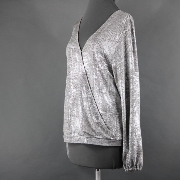 Anthropologie NEW $78 Sz L Silver Tan Metallic V Neck Polester Elastane Top