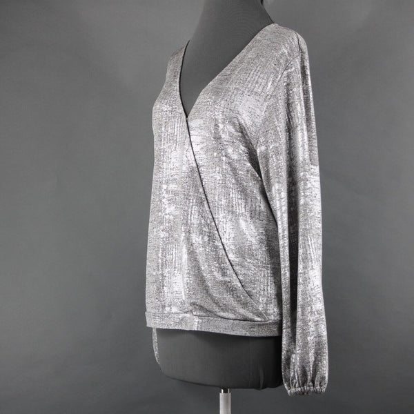 Anthropologie NEW $78 Sz L Silver Tan Metallic V Neck Polester Elastane Top