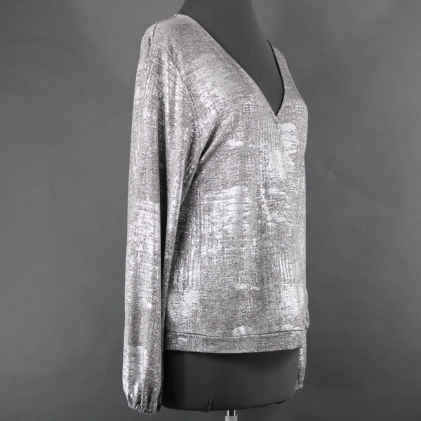 Anthropologie NEW $78 Sz L Silver Tan Metallic V Neck Polester Elastane Top