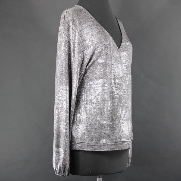 Anthropologie NEW $78 Sz L Silver Tan Metallic V Neck Polester Elastane Top